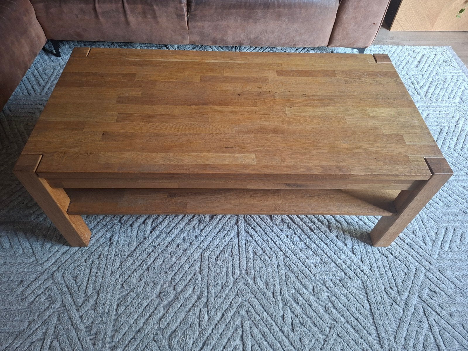Eiken eettafel+8 stoelen + salontafel, Ophalen, Gebruikt, Rechthoekig, 50 tot 100 cm