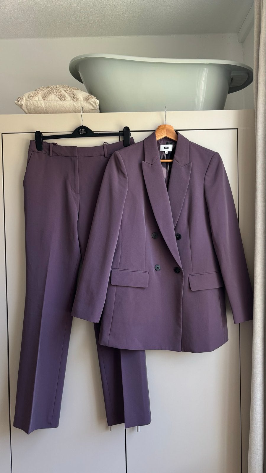 WE pak - blazer en pantalon in paars (38), Maat 38/40 (M), Kostuum of Pak, Paars, Ophalen of Verzenden