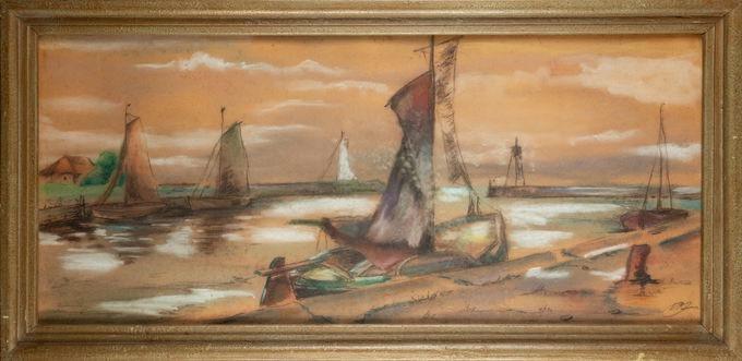 Zeilboten aangemeerd in een kleine onbekende haven, Antiek en Kunst, Kunst | Schilderijen | Klassiek, Ophalen of Verzenden
