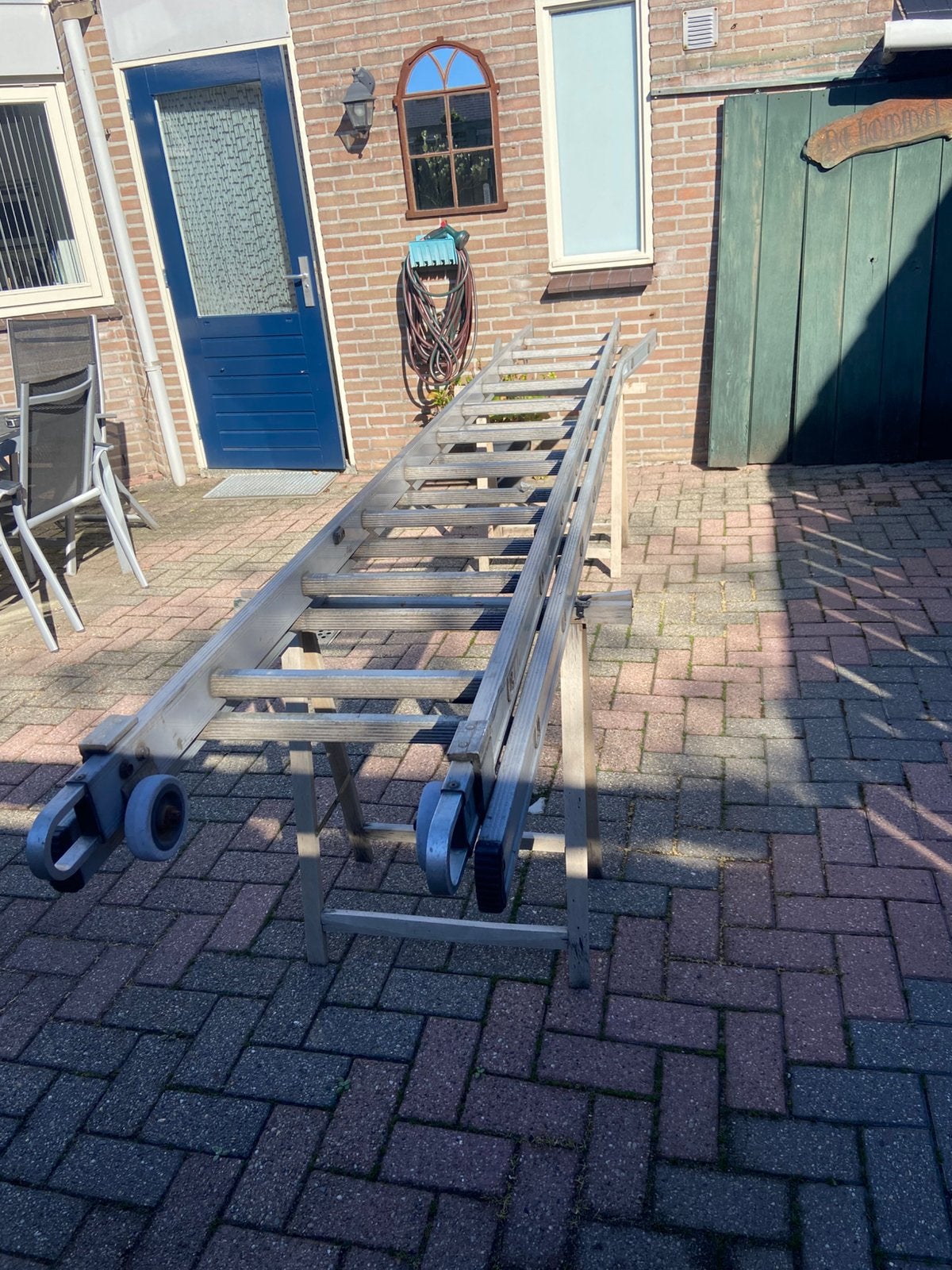 DIRKS  schuifladder 2x10 sporten., Ophalen, Zo goed als nieuw, 4 meter of meer