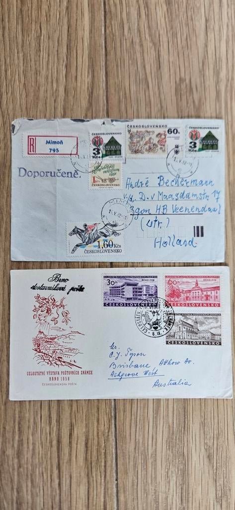 Postzegels Tsjechoslowakije op envelop oa 1958, Ophalen of Verzenden, Envelop