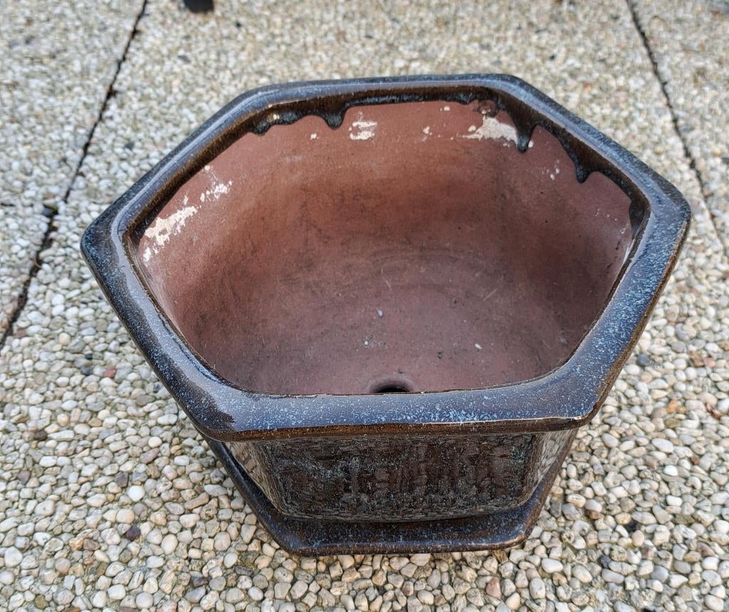 Geglazuurde pot met onderschotel, Tuin en Terras, Gebruikt, Minder dan 40 cm, Balkon, Overige vormen