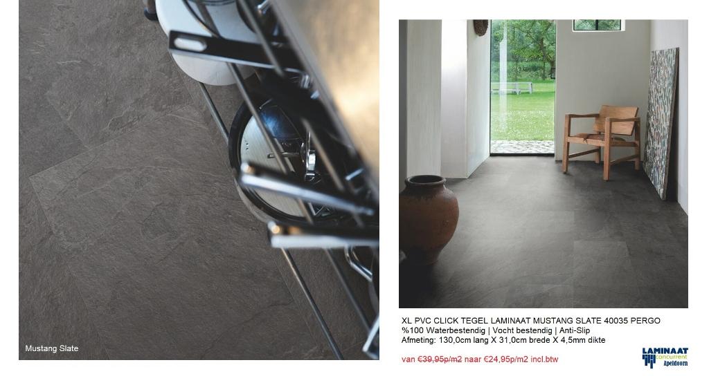 Pvc click Tegel Mustang Slate Zwart 4,5mm Top kwaliteit, 75 m² of meer, Pvc click tegel model, Nieuw, Grijs