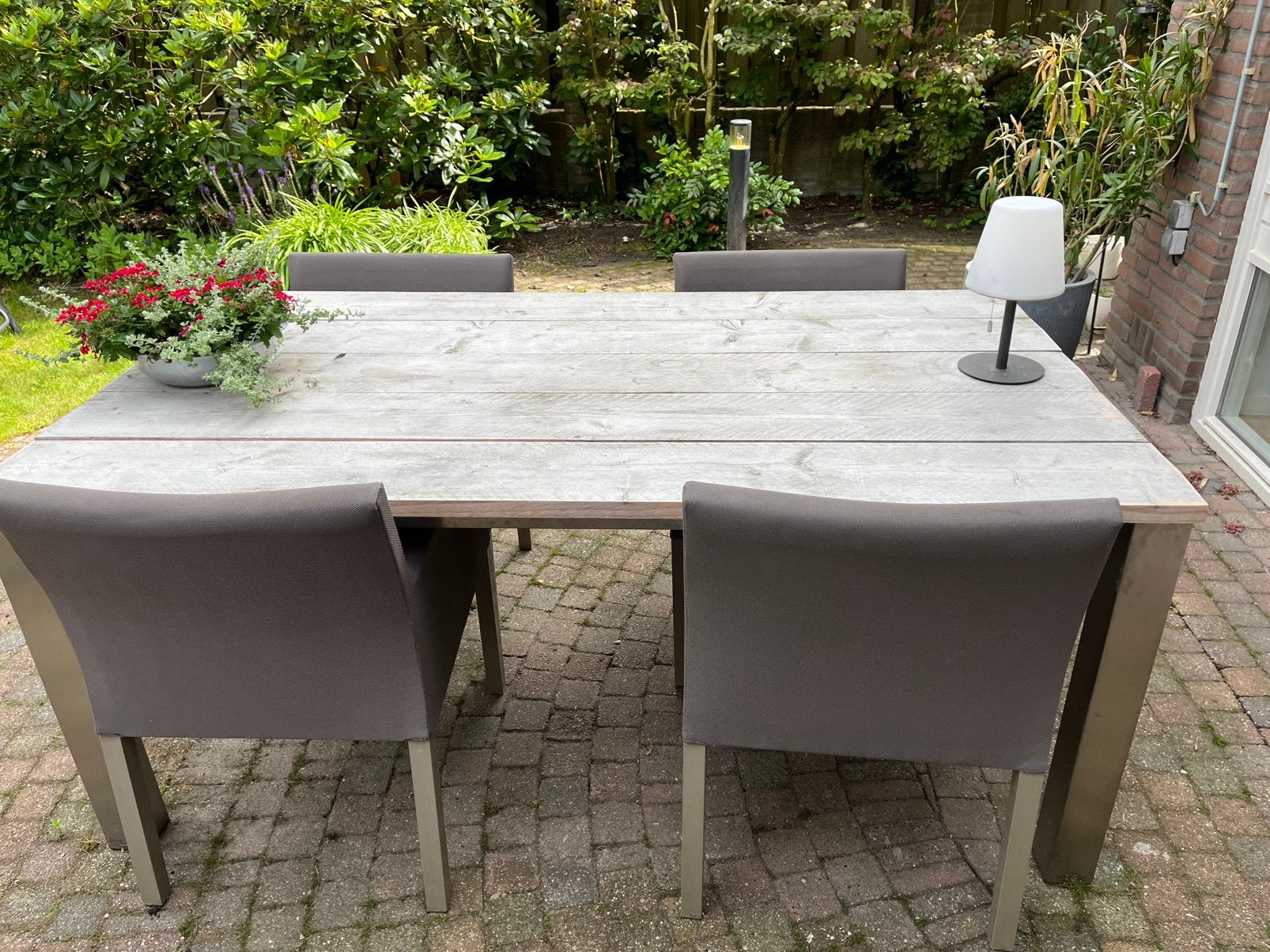 Buitentafel net 4 stoelen en kussens, Tuin en Terras, Ophalen, Gebruikt, Tuinset, Overige materialen
