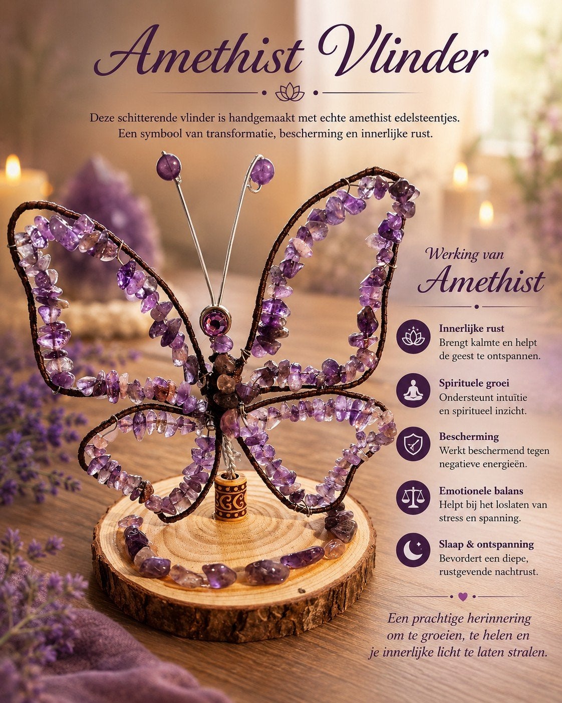 Unieke Amethist Vlinder Decoratie - 11x12 cm, Overige stijlen, Nieuw, Ophalen of Verzenden, Natuurlijk materiaal