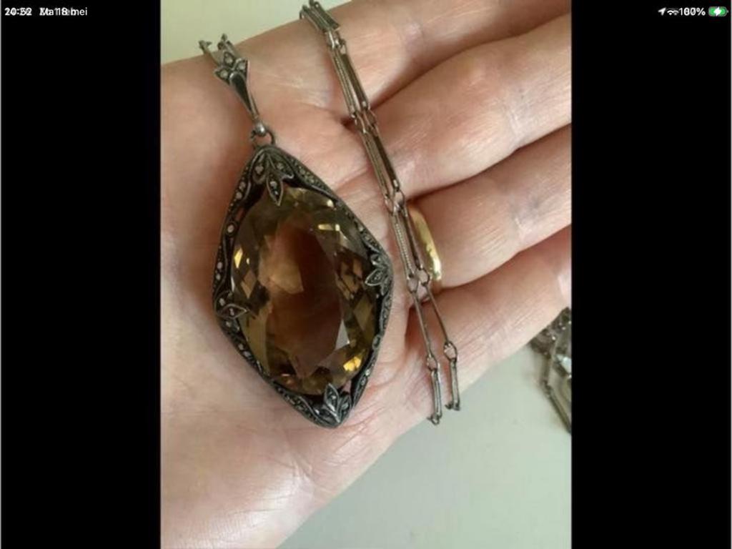 Art Deco prachtige zilveren set ketting hanger Rookkwarts, Overige voorstellingen, Verzenden, Zo goed als nieuw, Met edelsteen