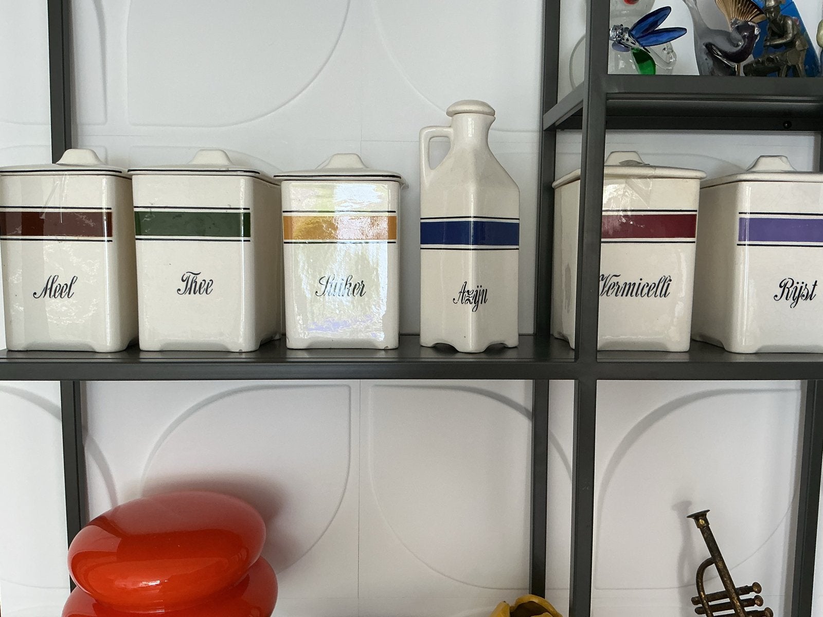Vintage voorraadpotten set - Meel, Thee, Suiker, Azijn, Verm, Antiek en Kunst, Ophalen of Verzenden