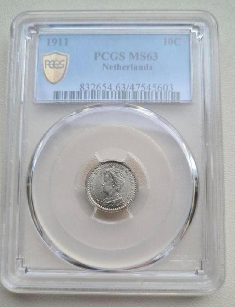 10 cent 1911 PCGS MS63, Postzegels en Munten, Munten | Nederland, Zilver, Ophalen of Verzenden, 10 cent, Koningin Wilhelmina