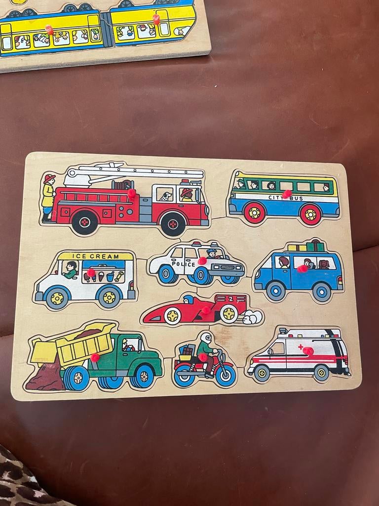 Vintage Houten Noppen Puzzel - Voertuigen, Ophalen of Verzenden, Gebruikt, Puzzelen