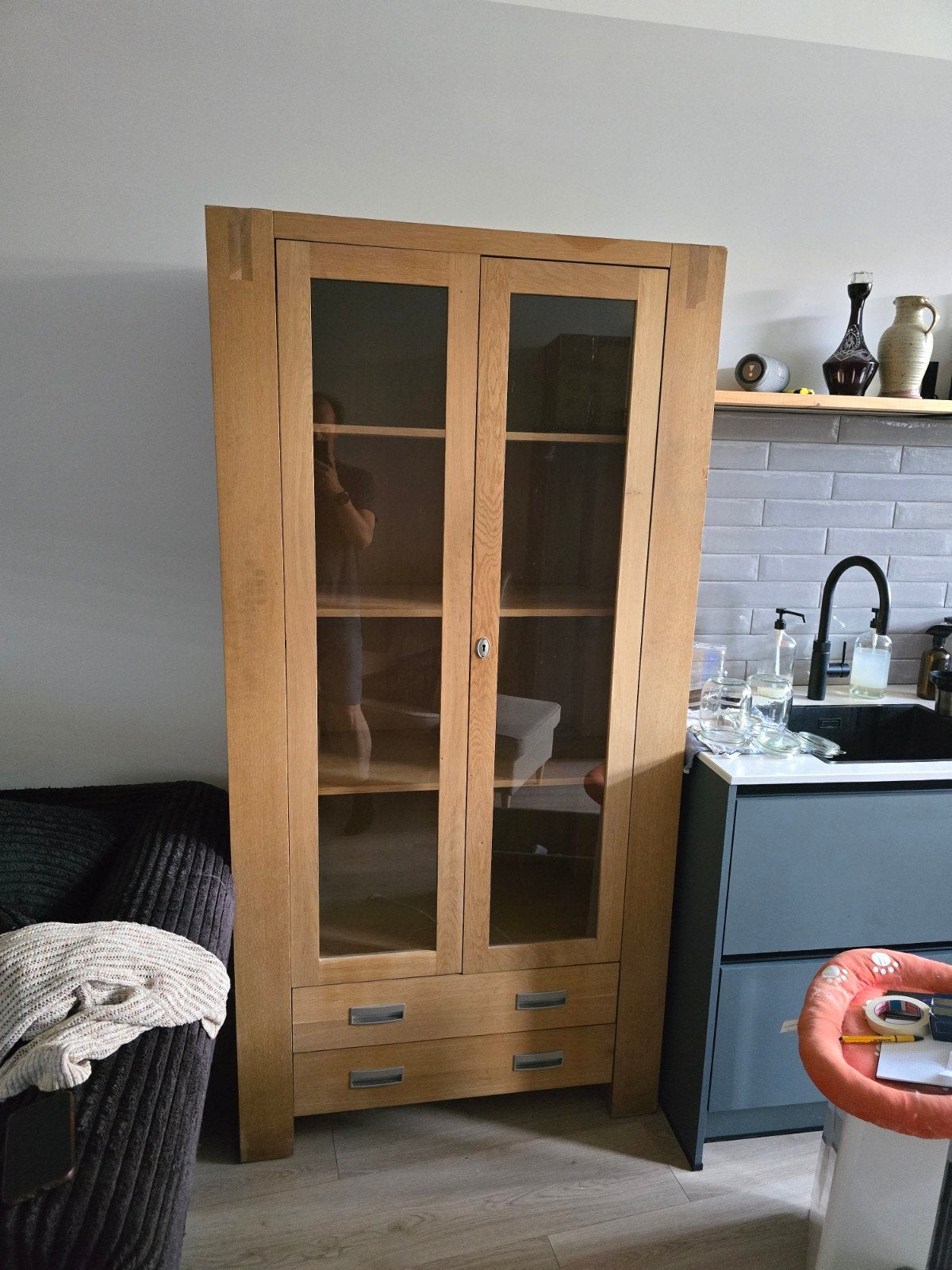Mooie eikenhouten vitrinekast - massief hout, Ophalen, Glas, 200 cm of meer, 50 tot 100 cm