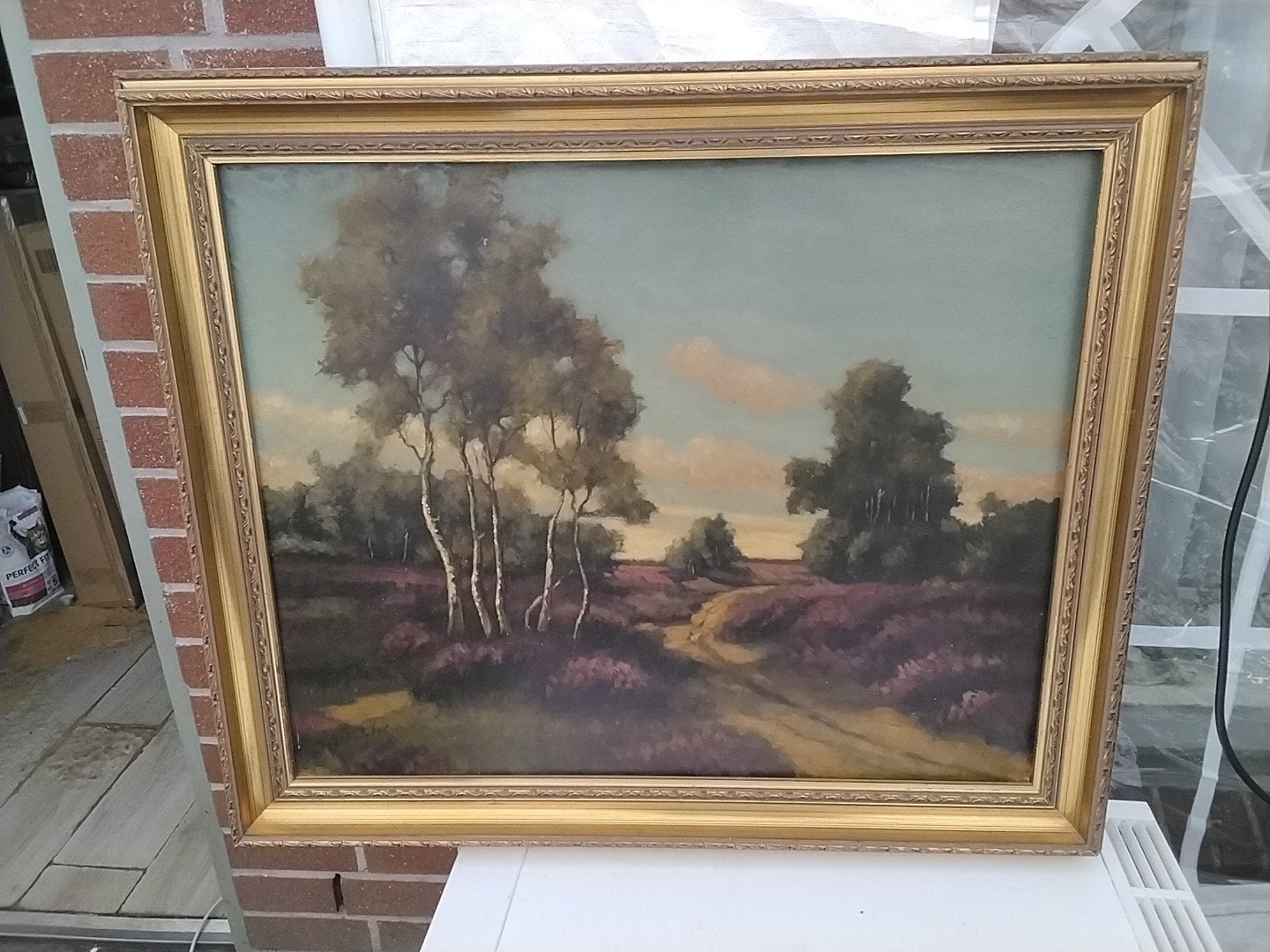 Schilderij heide landschap met berkenbomen, gesigneerd, Antiek en Kunst, Doek, Landschap, Olieverf, Klassiek