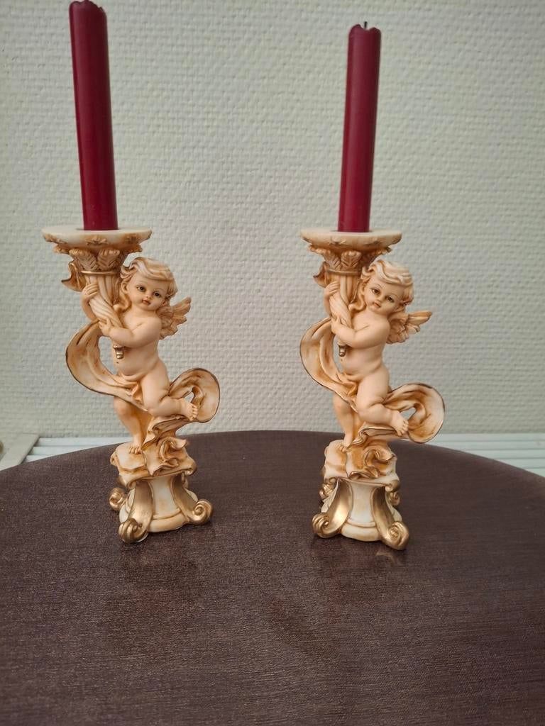 Set van 2 Barok Kandelaars met Engeltjes - 20 cm Hoog, Ophalen of Verzenden, Overige materialen