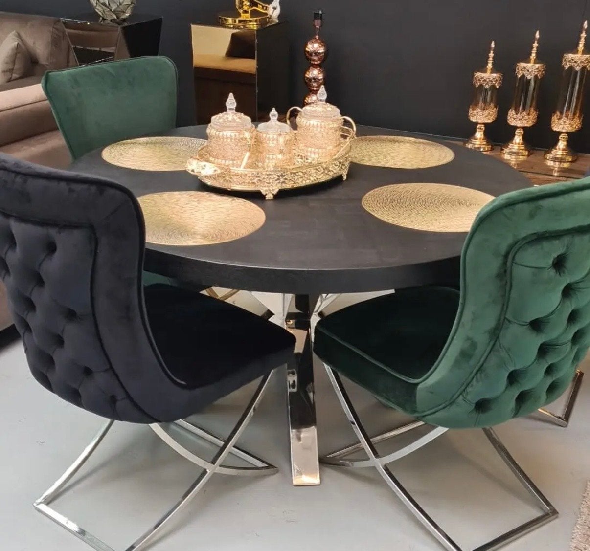 Eettafel, salontafels & 4 stoelen - Zwart visgraat, Ophalen, Rond, Zo goed als nieuw, Vier personen