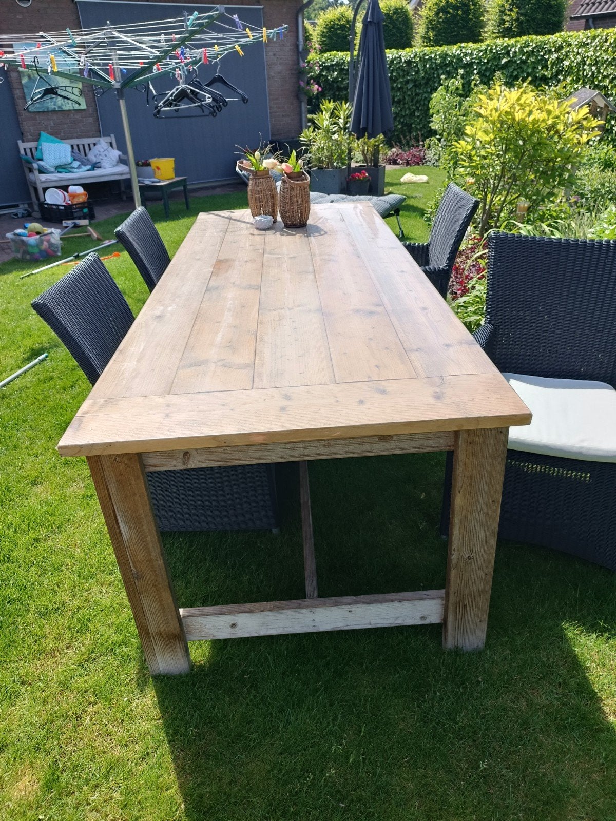 Stoere tuinset met tafel (2.50x1m) en 4 Life stoelen, Tuin en Terras, Ophalen, 4 zitplaatsen, Zo goed als nieuw, Tuinset