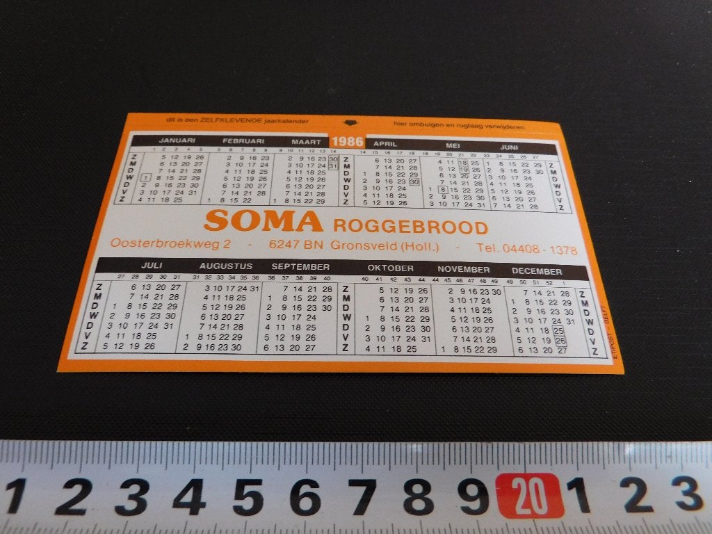 sticker Kalender 1986 SOMA roggebrood  Gronsveld, Ophalen, Zo goed als nieuw