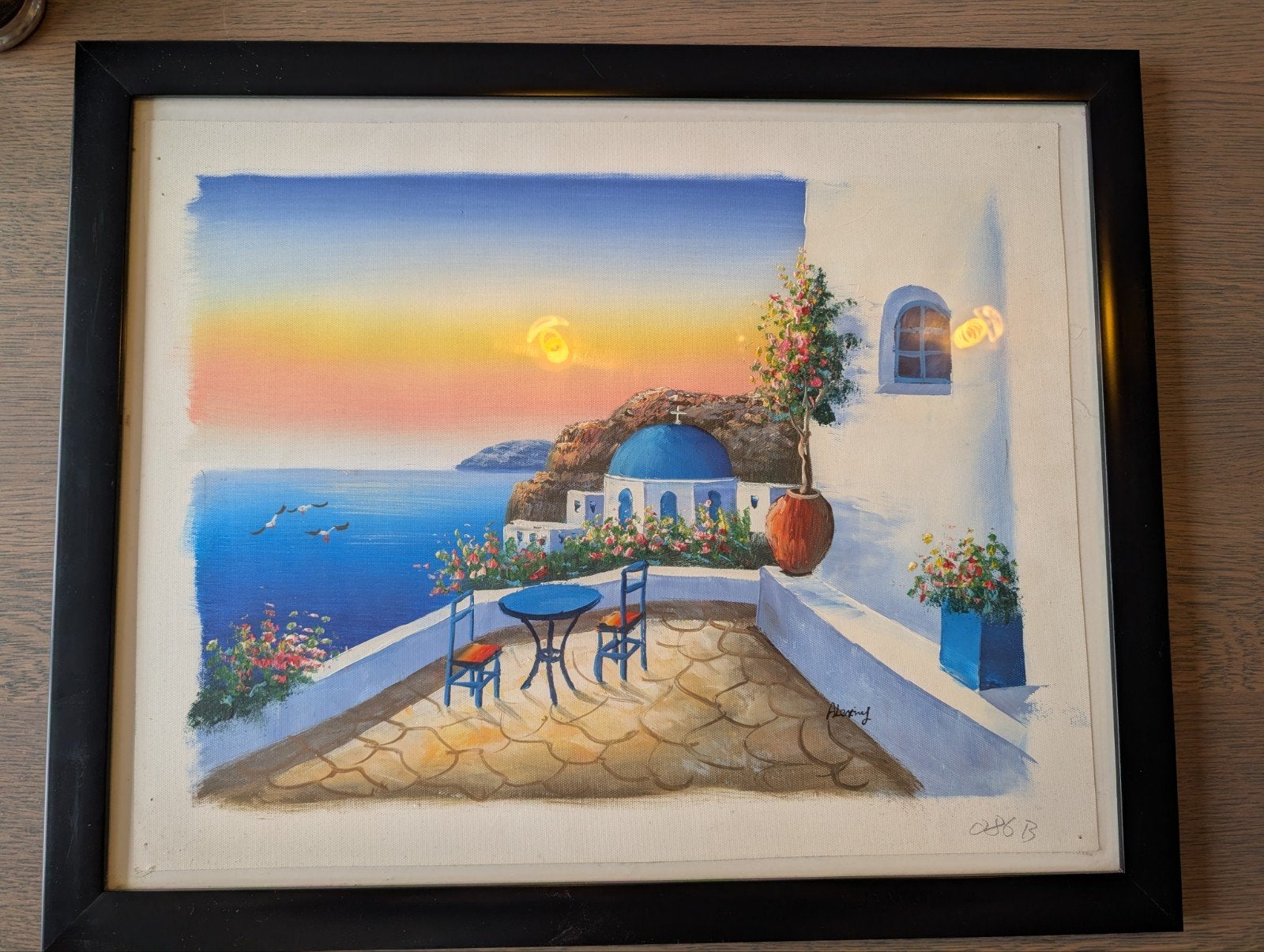 Schilderij Grieks Landschap met Zeezicht en Terras, Gesigneerd, Olieverf, Textiel, Landschap