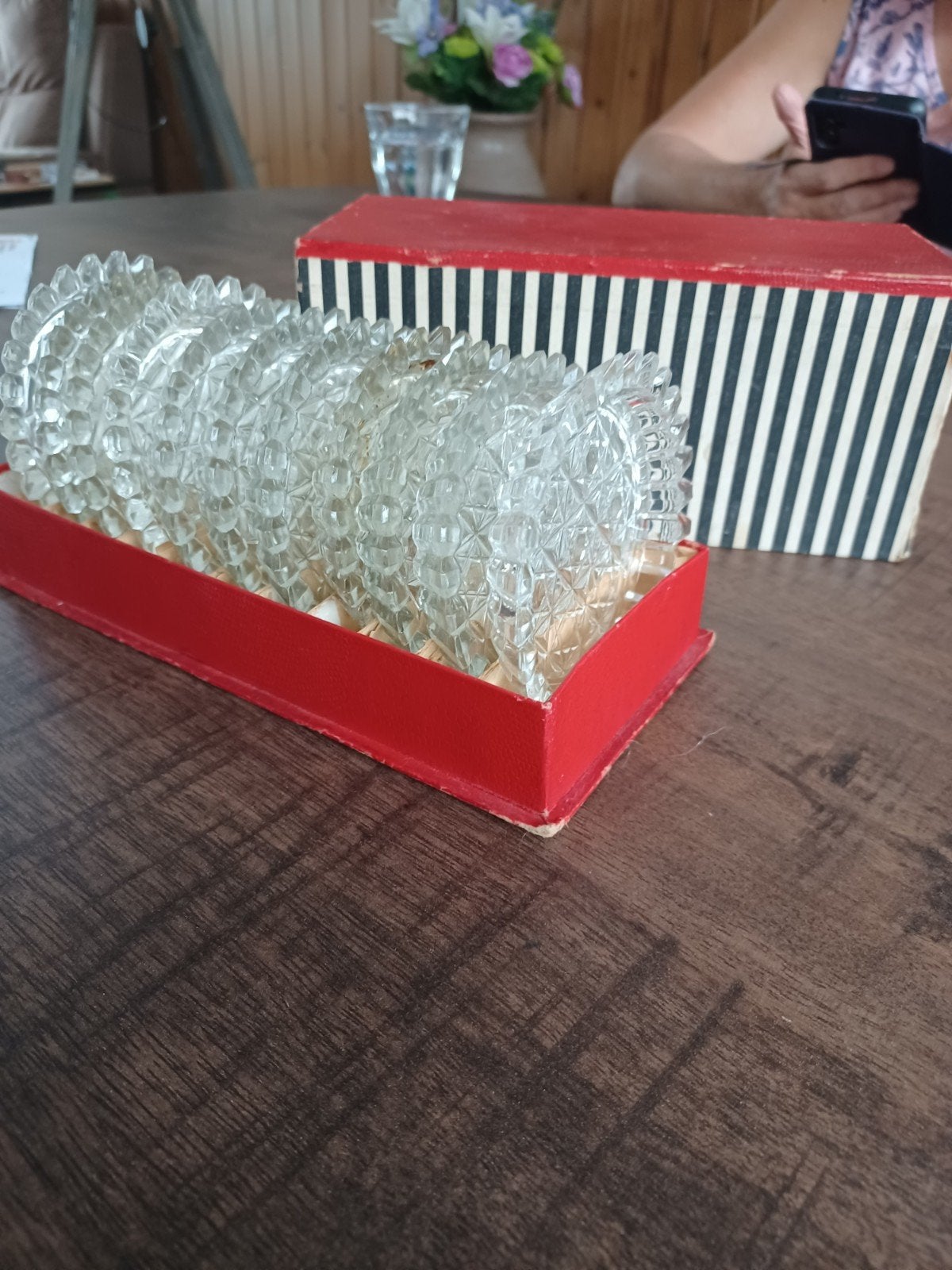 Set van 11 vintage glazen onderzetters in doos, Antiek en Kunst, Ophalen of Verzenden