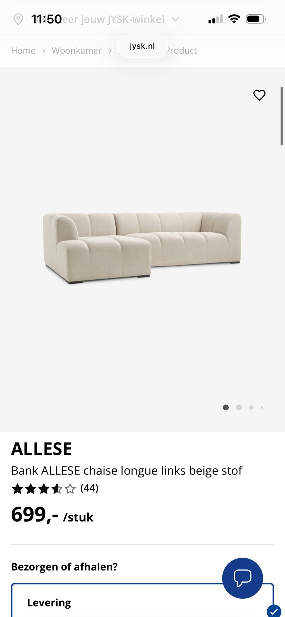 Bank longue links beige stof, Ophalen, 250 tot 300 cm, Nieuw, Vierpersoons of meer