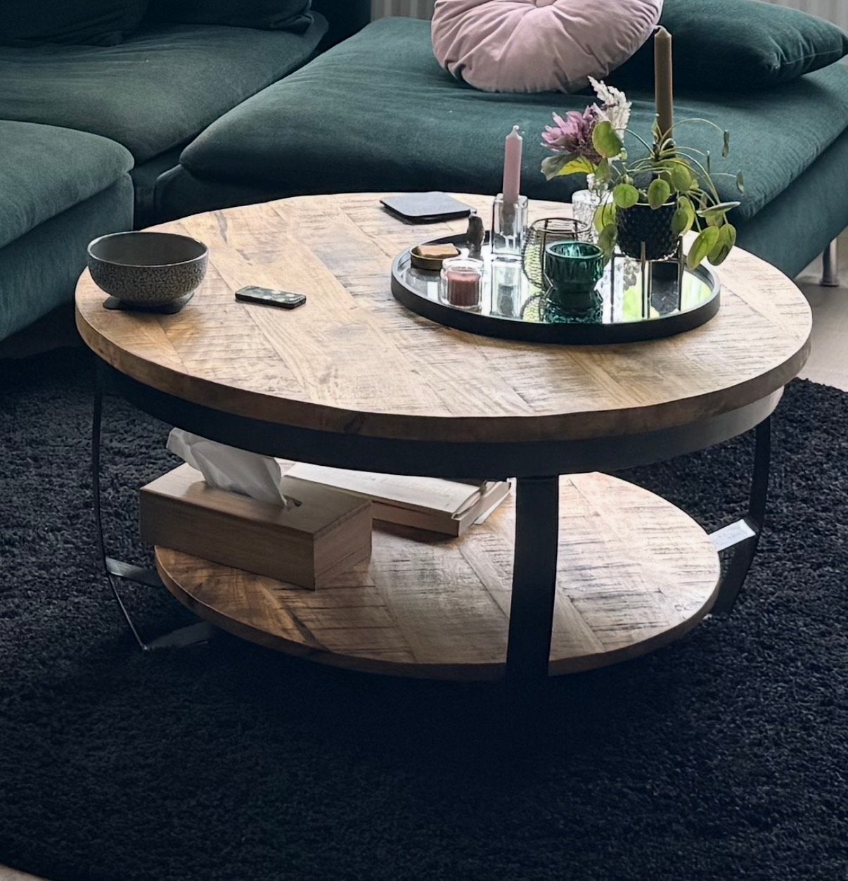 Ronde salontafel van mangohout en metaal, Ophalen, Rond, 50 tot 100 cm, Zo goed als nieuw