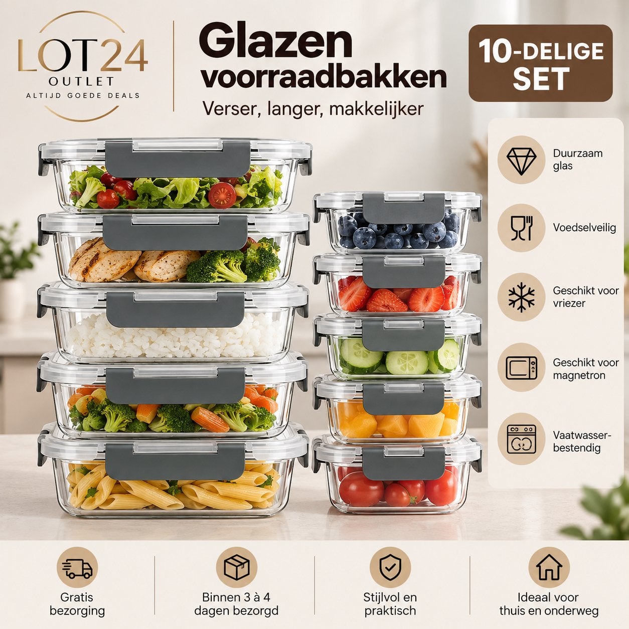 10-delige glazen vershoudbakken set, Verzenden, Zo goed als nieuw, Overige typen
