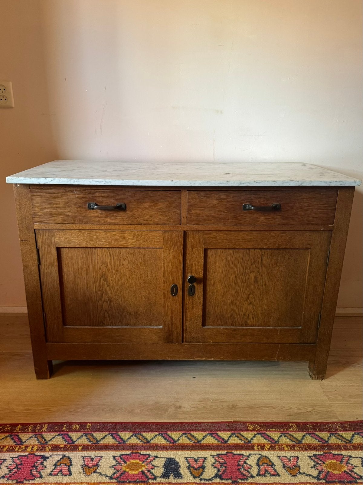Vintage eiken buffetkast met Carrara marmer, Ophalen of Verzenden, Zo goed als nieuw, 25 tot 50 cm, Eikenhout