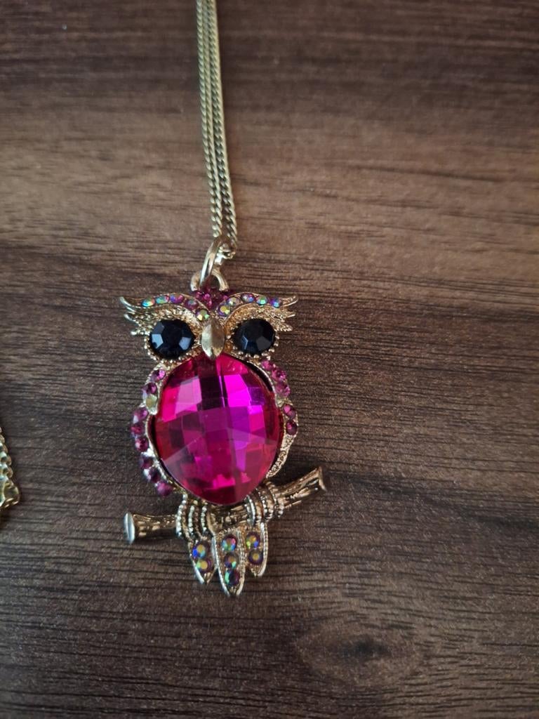 Goudkleurige ketting met hanger met uil met steentjes., Ophalen of Verzenden, Zo goed als nieuw, Roze, Overige materialen