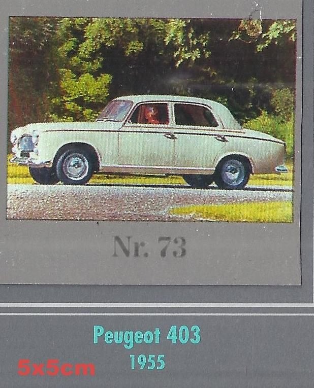 Vp73 autokaartje peugeot 403 ---- 1955 -- 5 cm x 5 cm, Ophalen of Verzenden, Zo goed als nieuw, Auto's