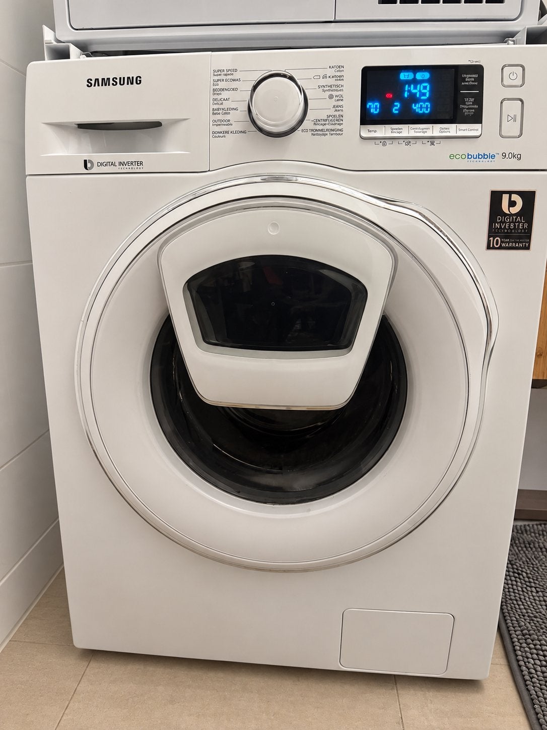 Samsung EcoBubble 9 kg wasmachine met AddWash-deurtje., Ophalen, 1200 tot 1600 toeren, Gebruikt, 8 tot 10 kg