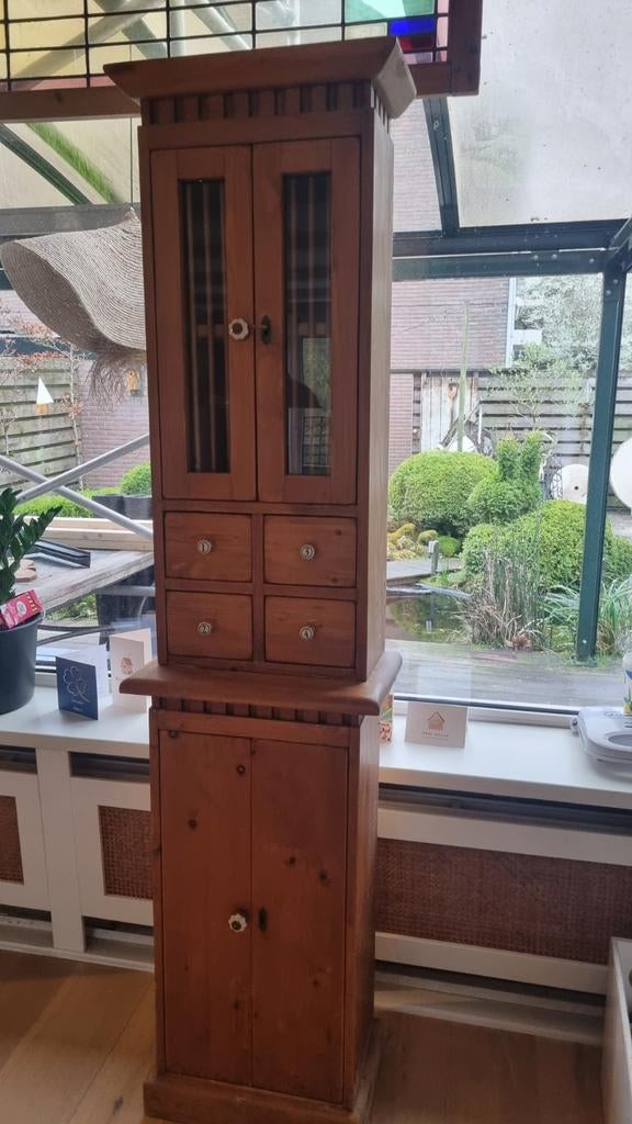 Antiek Grenen Houten Dressoir Kast met Vitrine, Ophalen