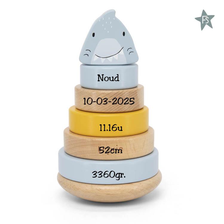 Trixie Houten stapeltoren - Mr. Shark ( met naam en geboorte, Kraamcadeau, Info@freubelshoponline.nl, Ophalen of Verzenden, Klimmen