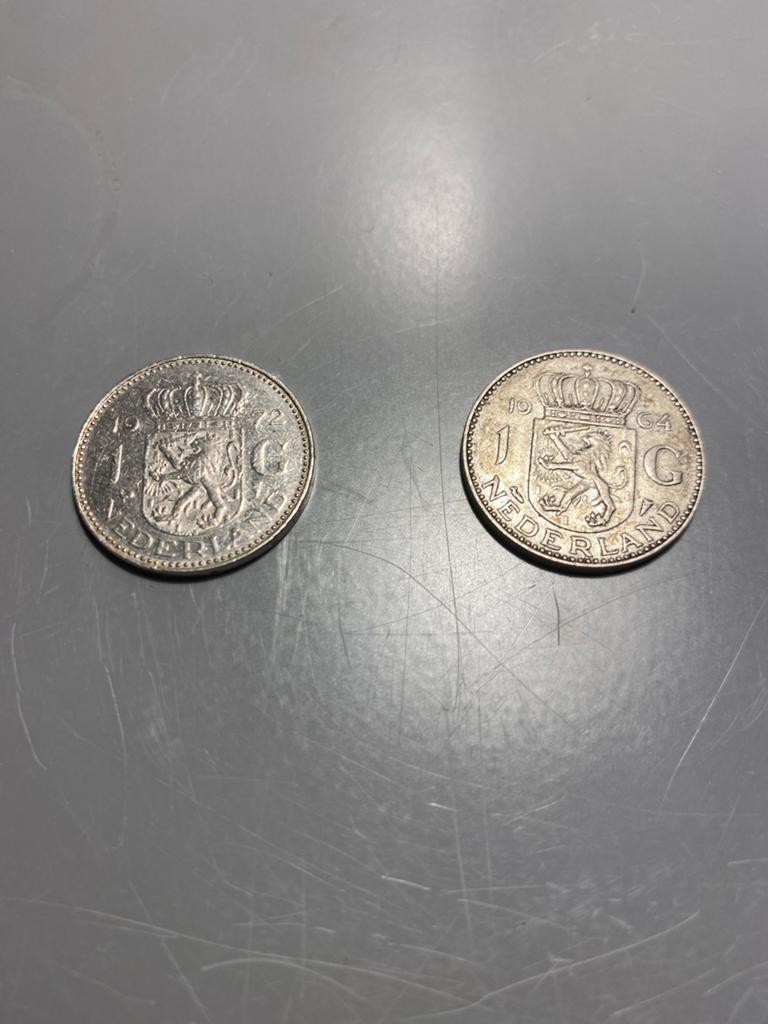 2x 1 Gulden Koningin Juliana 1964, 1 gulden, Koningin Juliana, Zilver, Ophalen of Verzenden