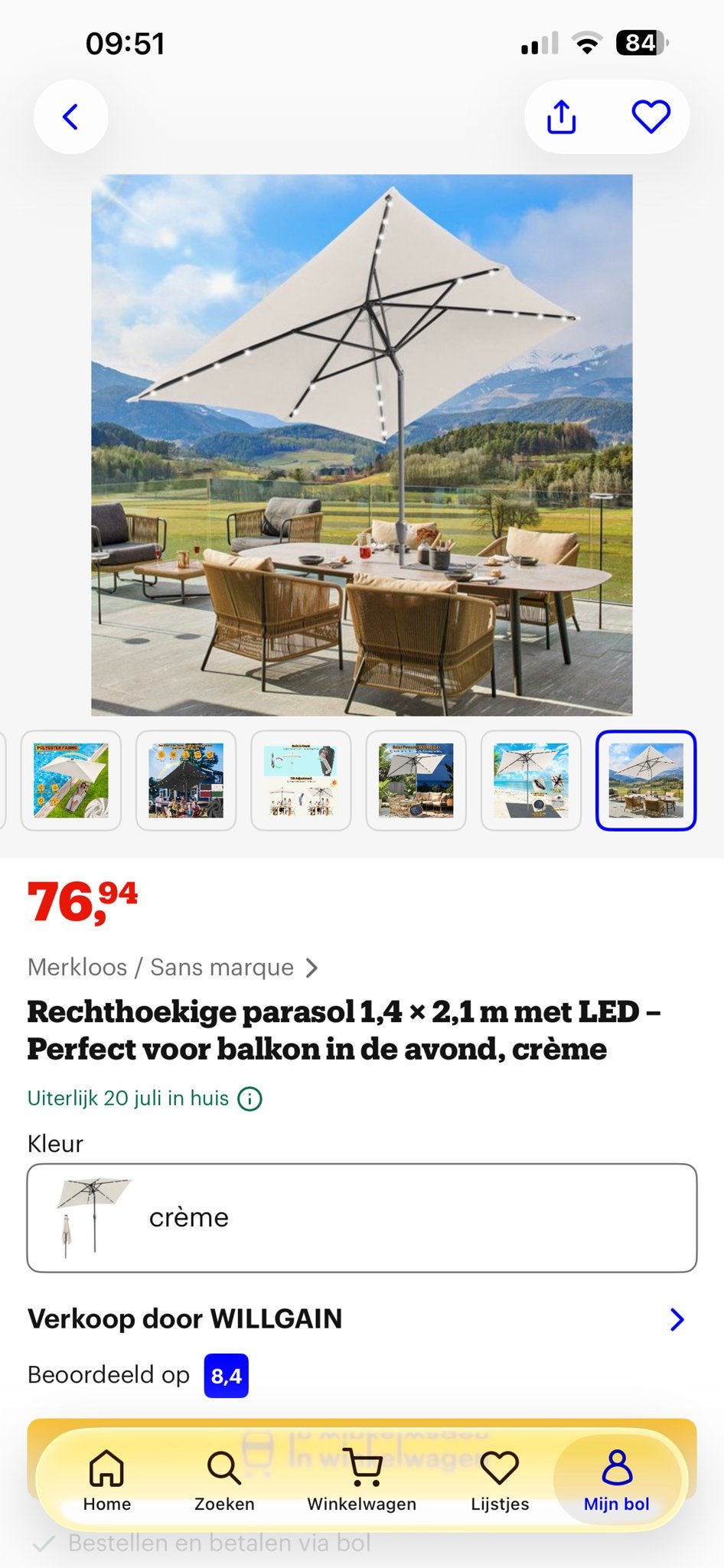 Rechthoekige parasol 1,4 x 2,1 m met LED - Crème, Ophalen, Kantelbaar, Nieuw, 1 tot 2 meter