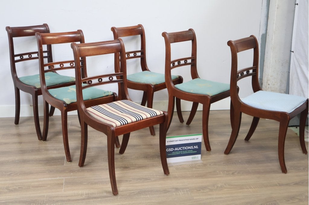 Vintage 6 Mahonie houten Eetkamerstoelen, Huis en Inrichting, Stoelen, Ophalen of Verzenden, Niet ingevuld, Niet ingevuld, Niet ingevuld