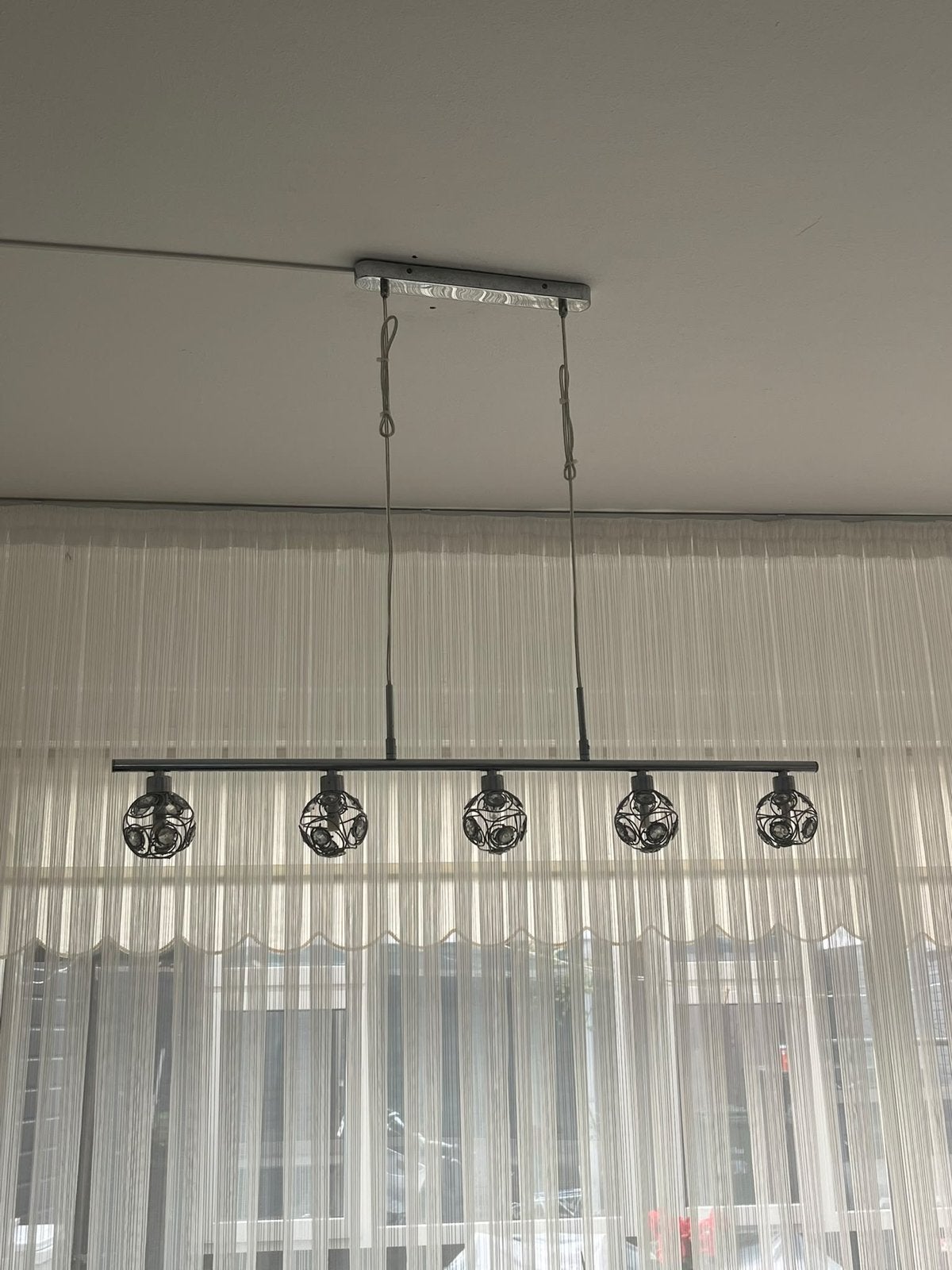 Hanglamp met 5 glazen bollen, Ophalen, Gebruikt, Metaal, E14 (klein)