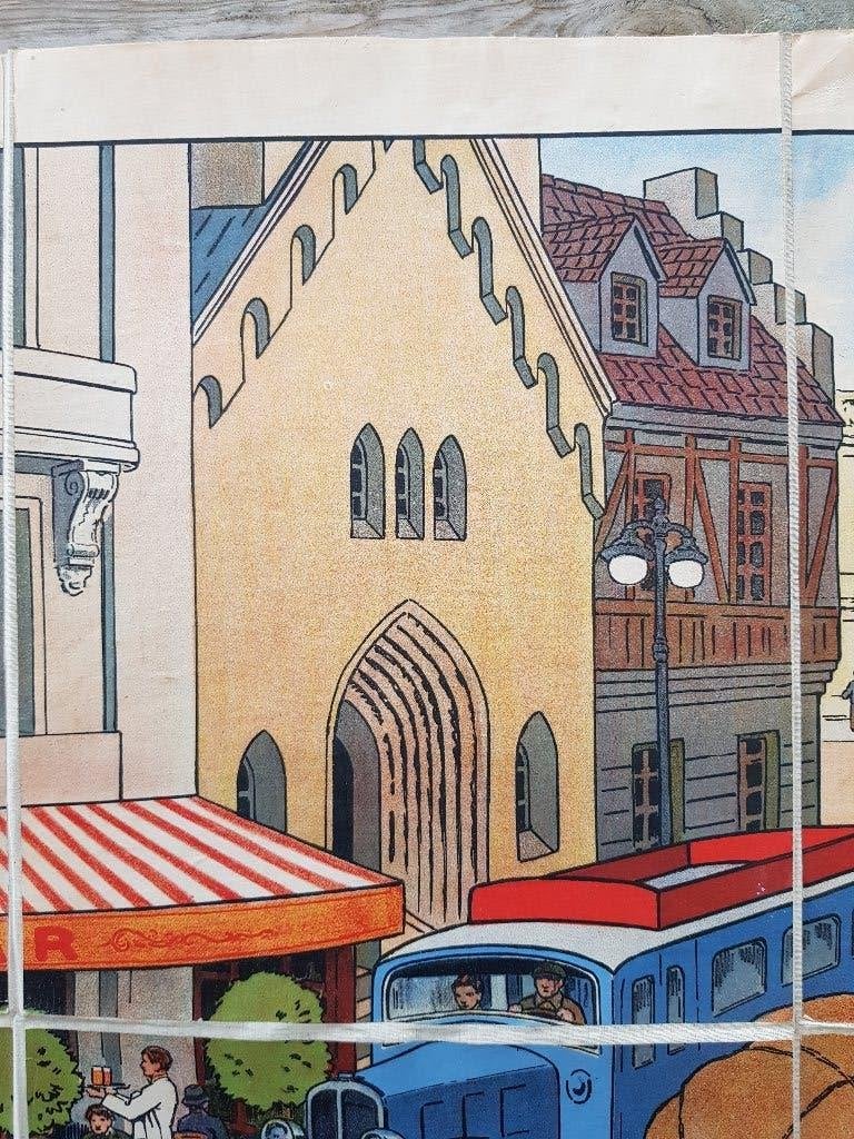 In de straat oude schoolplaat uit Frankrijk litho op canvas., Antiek en Kunst, Origineel, Ophalen of Verzenden, Lithografie