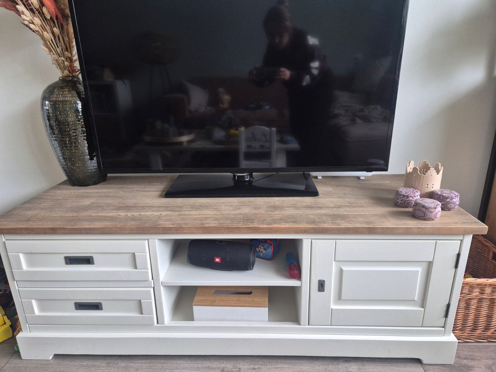 Landelijk TV-meubel met opbergruimte, Ophalen, Gebruikt, 100 tot 150 cm, Landelijk