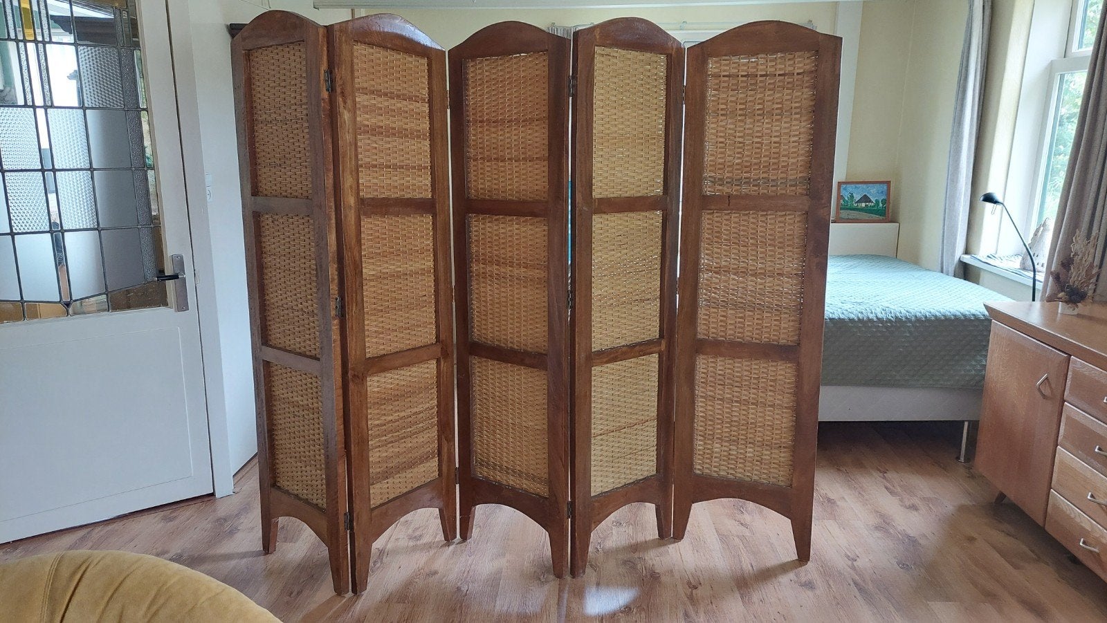 Houten kamerscherm met rieten panelen, Ophalen, Hout, Gebruikt, Landelijk