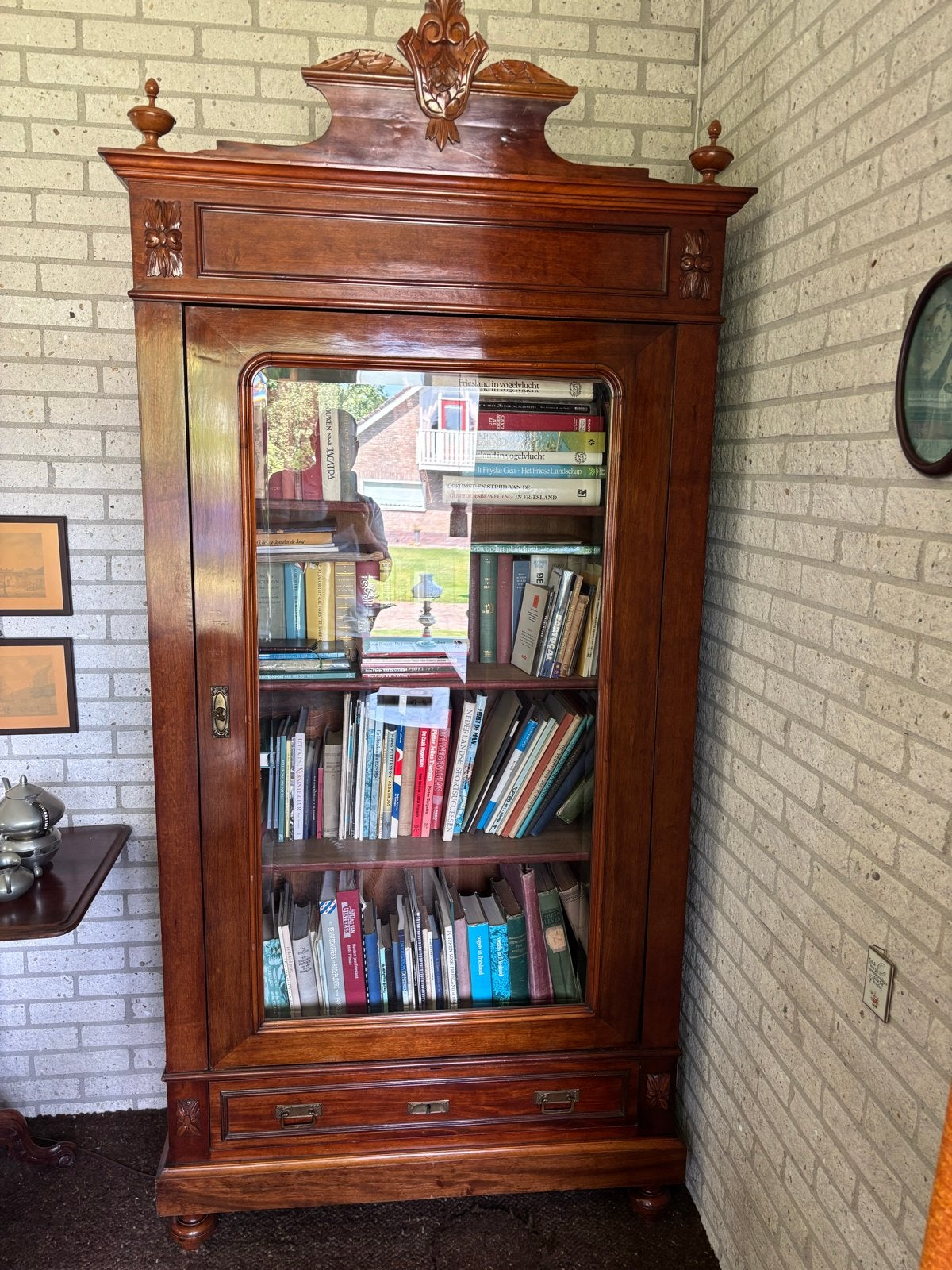 Prachtige mahonie houten boekenkast met glas en lades, Huis en Inrichting, Ophalen, Gebruikt, 200 cm of meer, 50 tot 100 cm