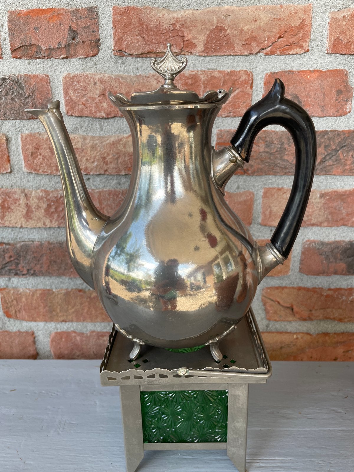 Antieke verzilverde  Koffiepot met Warmer - M&Co 1881, Ophalen of Verzenden, Zilver