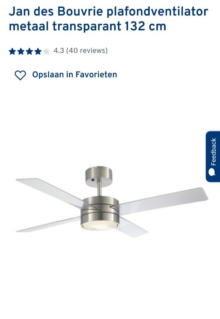 Jan des Bouvrie plafondventilator metaal transparant 132 cm, Ophalen, Ventilator met afstandsbediening, Gebruikt, Plafondventilator