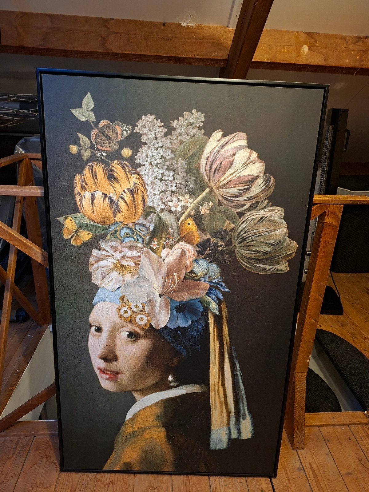 Meisje met de Parel met bloemen - Canvas schilderij, Antiek en Kunst, Ophalen, Doek, Portret of Personen, Klassiek