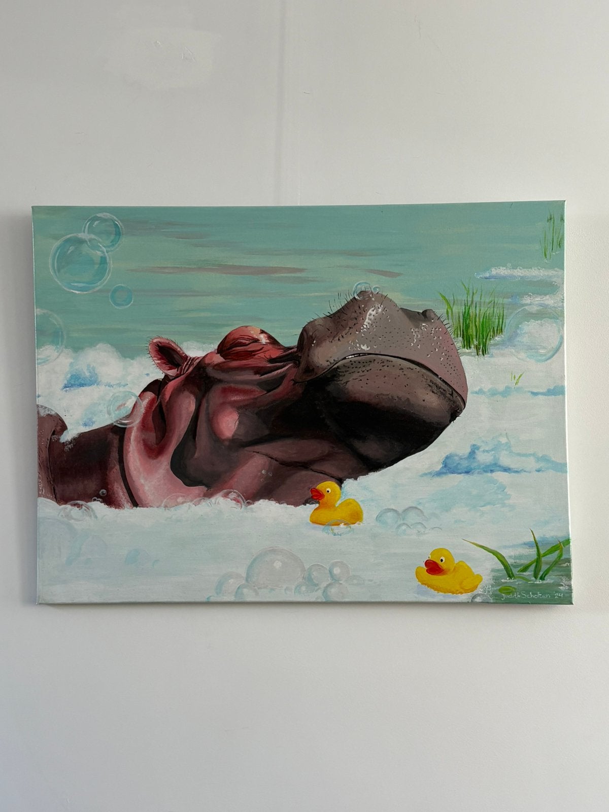 Schilderij - Bubbelbad met Beestenboel 60x 80 cm, Ophalen, Handgeschilderd, Acrylverf, Dieren