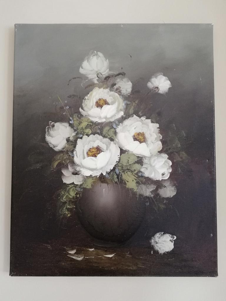 50x40cm op doek grijs/groen tinten helder witte bloemen, Ophalen of Verzenden, Zo goed als nieuw, Minder dan 50 cm, Schilderij