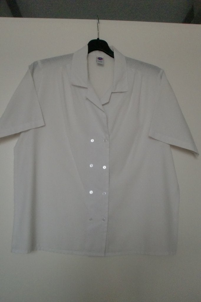 Blouse wit korte mouw en mooie aparte stof ingeweven blokje., Verzenden, Zo goed als nieuw, Maat 38/40 (M), Wit