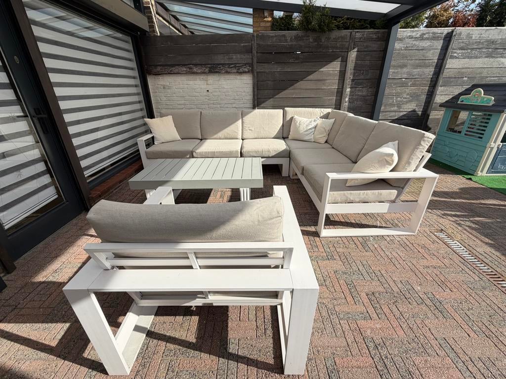 Luxe aluminium loungeset + 2 grote opbergboxen, Ophalen, Zo goed als nieuw, Aluminium, Stoel