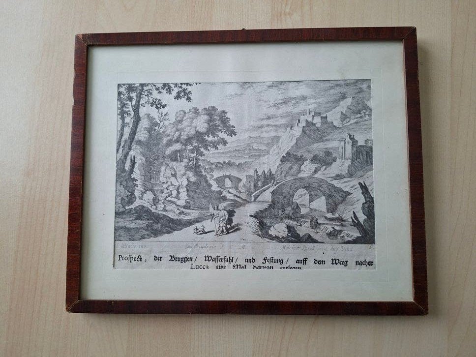 Gesigneerde gravure Melchior Kusell - Lucca, Italië, Antiek en Kunst, Stadsgezicht, Gravure, 1600 - 1699, Gesigneerd