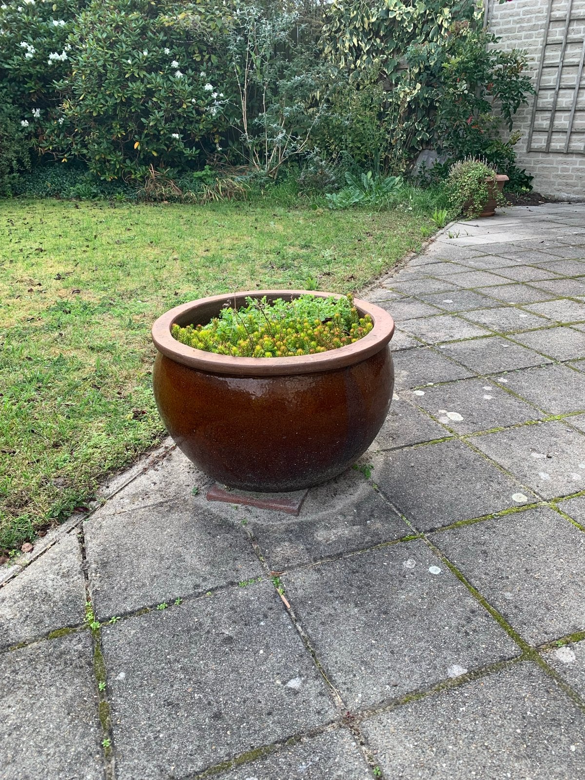 Grote bruine stenen bloempot, Ophalen, Gebruikt, Balkon, 40 cm of meer
