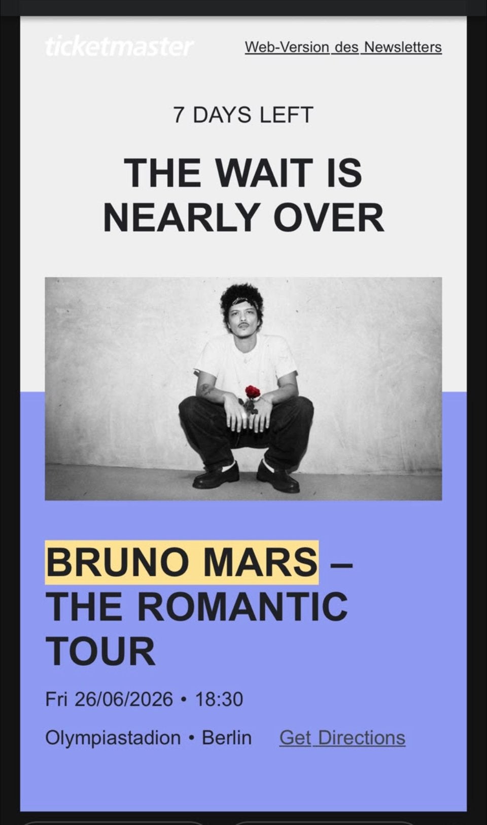 Concertkaartjes Bruno Mars in Berlijn op 26/06!, Twee personen