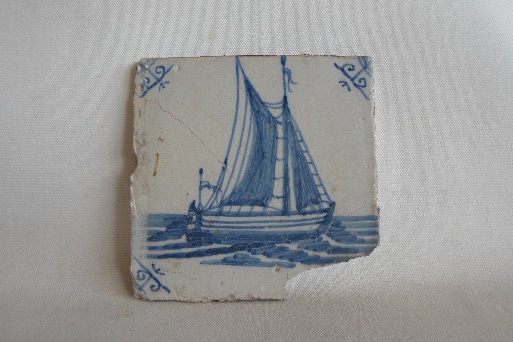 Antieke Tegel Schip Blauw Wit, Antiek en Kunst, Antiek | Wandborden en Tegels, Ophalen of Verzenden