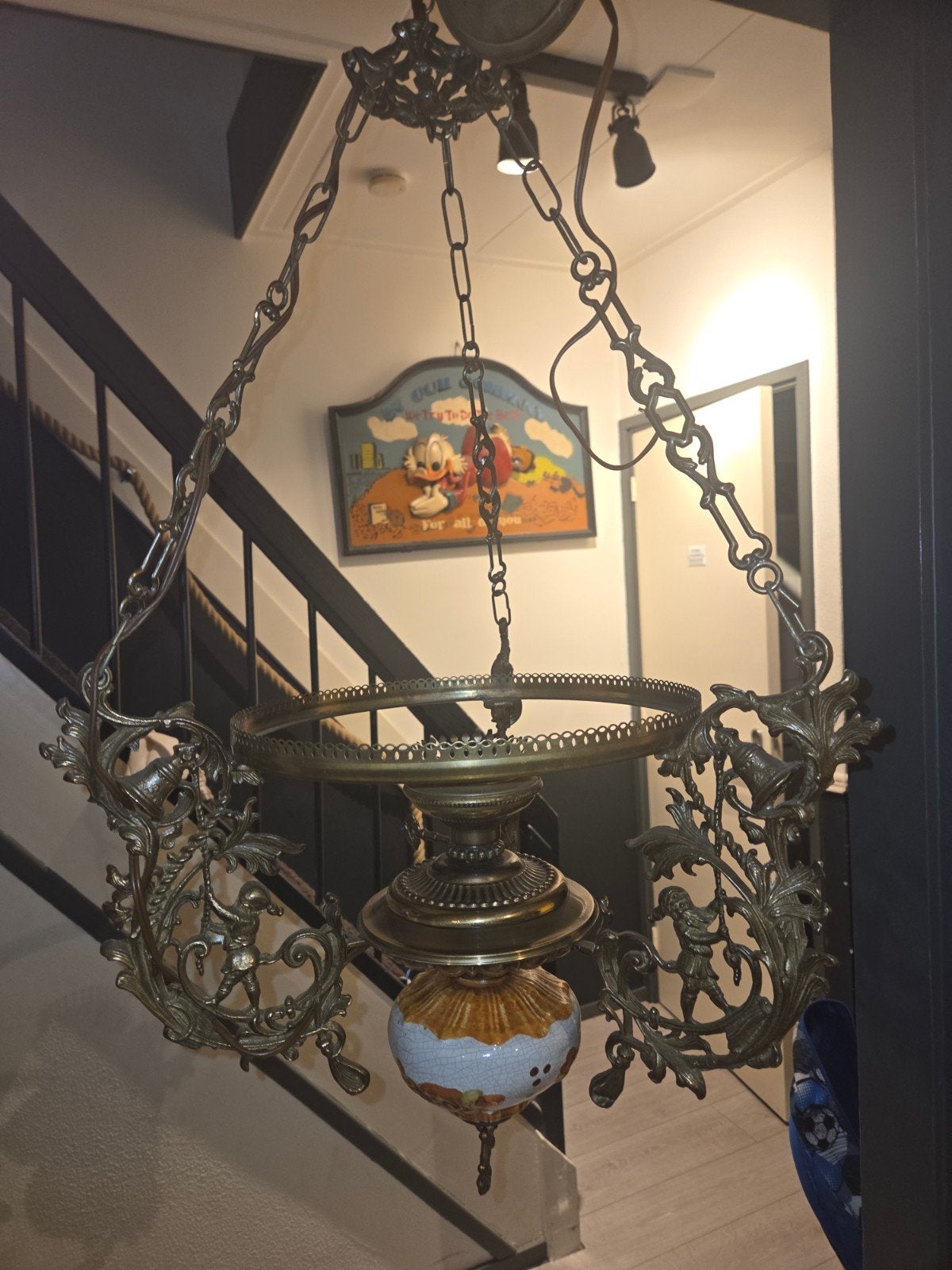 Antieke bronzen hanglamp met gedetailleerde versieringen, Ophalen of Verzenden